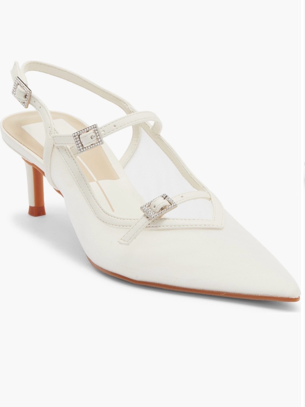 Dolce Vita Ivory and White Mesh Pointed Slingback Heels with Crystal Buckles